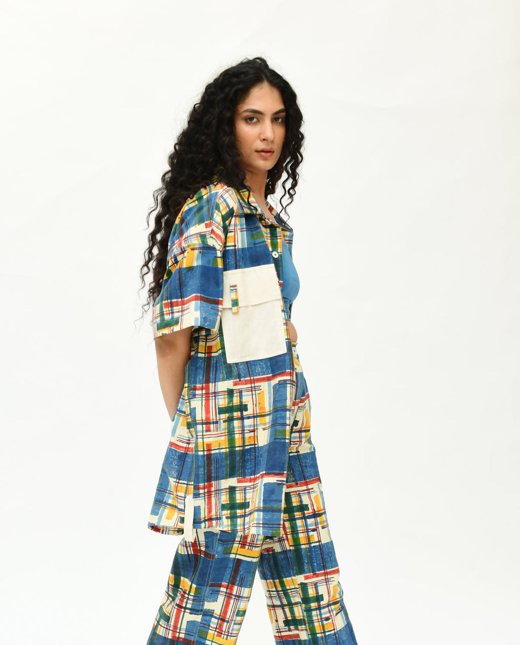 Multicolor Organic Cotton Shirt at Kamakhyaa by Rias Jaipur. This item is 100% Organic Cotton, Casual Wear, Handblock Printed, Handspun, Handwoven, Off-White, Prints, Relaxed Fit, Shirts, Stellar Print, Stripes, Void, Womenswear