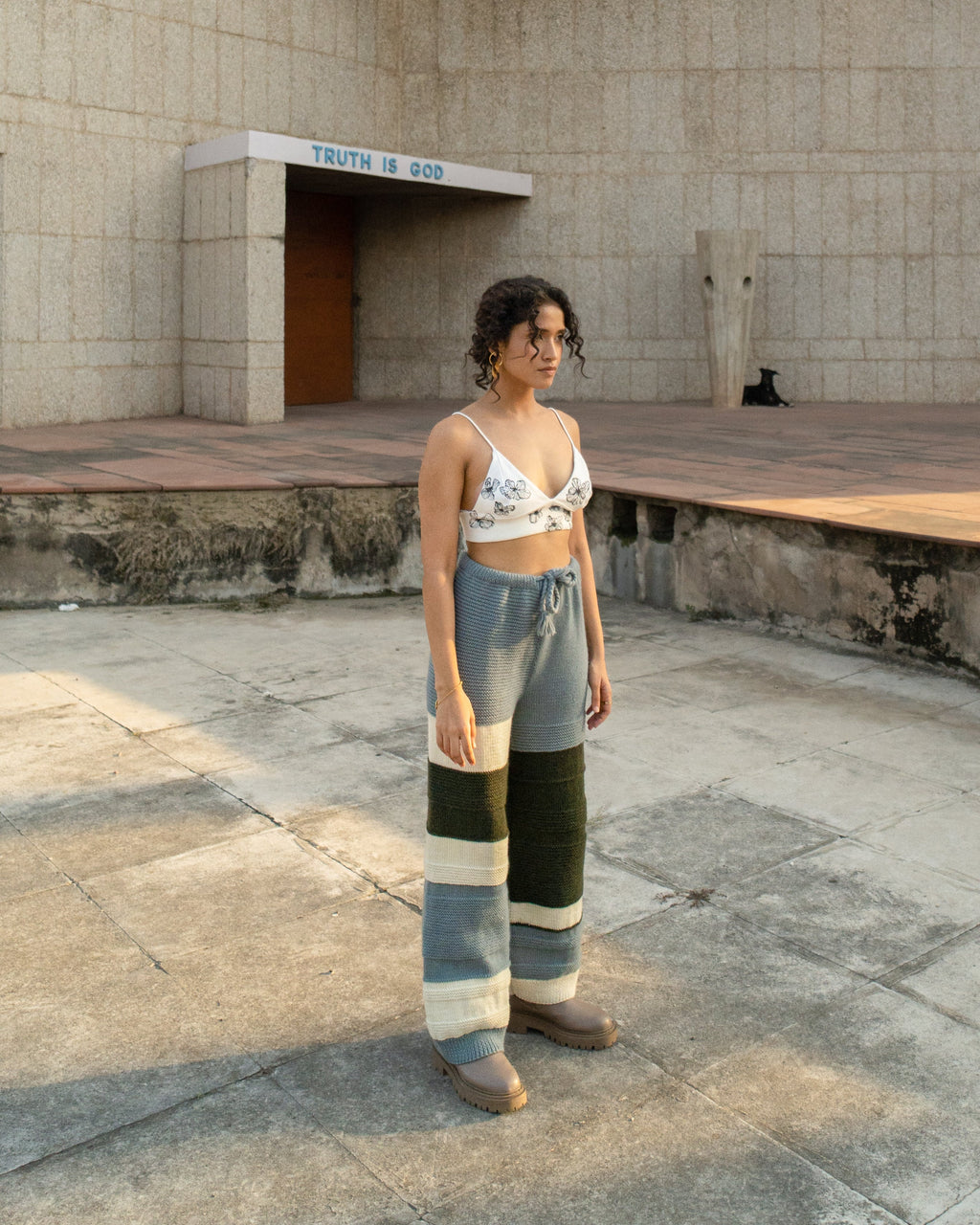 Multicolor Pants at Kamakhyaa by Meko Studio. This item is Fusion Wear, July Sale, July Sale 2023, Loose Fit, Multicolor, Pants, Sourced from dead stock yarns, Stripes, Tranquil AW-22/23, Womenswear