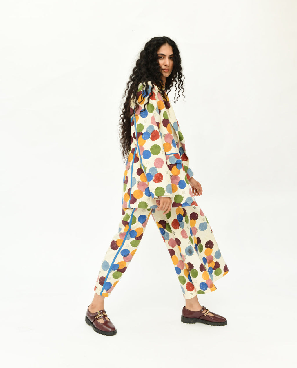 Multicolor Polka Dot Co-ord Set at Kamakhyaa by Rias Jaipur. This item is 100% Organic Cotton, Casual Wear, Co-Ord Sets, Handblock Printed, Handspun, Handwoven, Off-White, Polka Dots, Prints, Relaxed Fit, Travel, Travel Co-ords, Void, Void Polka, Womenswear