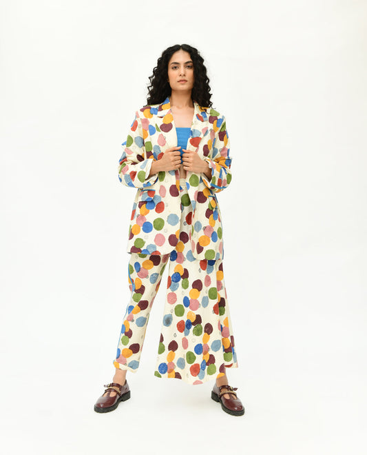 Multicolor Polka Dot Co-ord Set at Kamakhyaa by Rias Jaipur. This item is 100% Organic Cotton, Casual Wear, Co-Ord Sets, Handblock Printed, Handspun, Handwoven, Off-White, Polka Dots, Prints, Relaxed Fit, Travel, Travel Co-ords, Void, Void Polka, Womenswear
