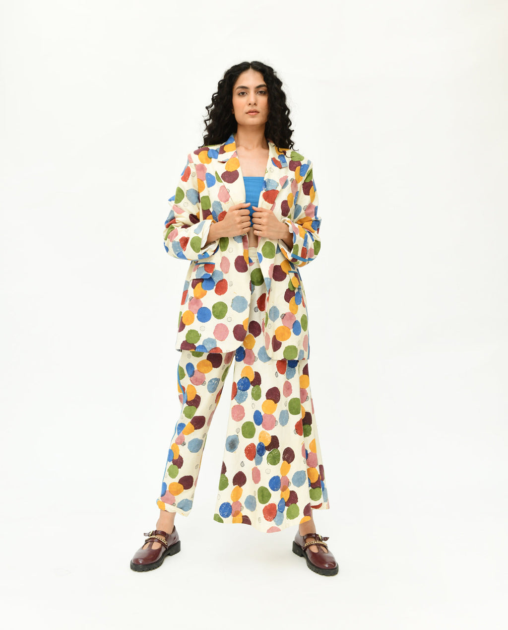 Multicolor Polka Dot Co-ord Set at Kamakhyaa by Rias Jaipur. This item is 100% Organic Cotton, Casual Wear, Co-Ord Sets, Handblock Printed, Handspun, Handwoven, Off-White, Polka Dots, Prints, Relaxed Fit, Travel, Travel Co-ords, Void, Void Polka, Womenswear