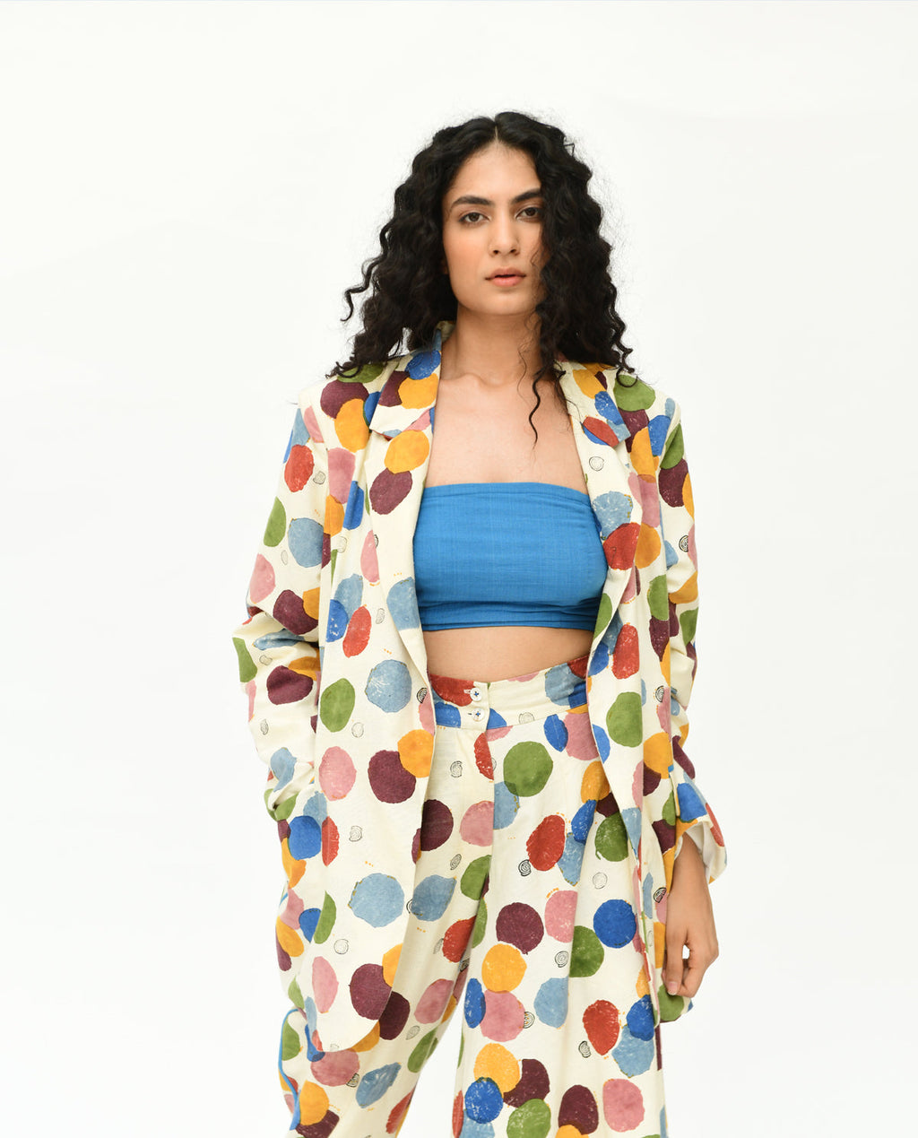 Multicolor Polka Dot Co-ord Set at Kamakhyaa by Rias Jaipur. This item is 100% Organic Cotton, Casual Wear, Co-Ord Sets, Handblock Printed, Handspun, Handwoven, Off-White, Polka Dots, Prints, Relaxed Fit, Travel, Travel Co-ords, Void, Void Polka, Womenswear