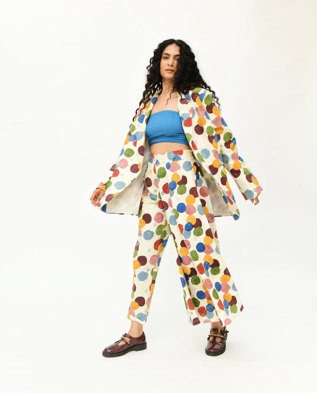 Multicolor Polka Dot Co-ord Set at Kamakhyaa by Rias Jaipur. This item is 100% Organic Cotton, Casual Wear, Co-Ord Sets, Handblock Printed, Handspun, Handwoven, Off-White, Polka Dots, Prints, Relaxed Fit, Travel, Travel Co-ords, Void, Void Polka, Womenswear