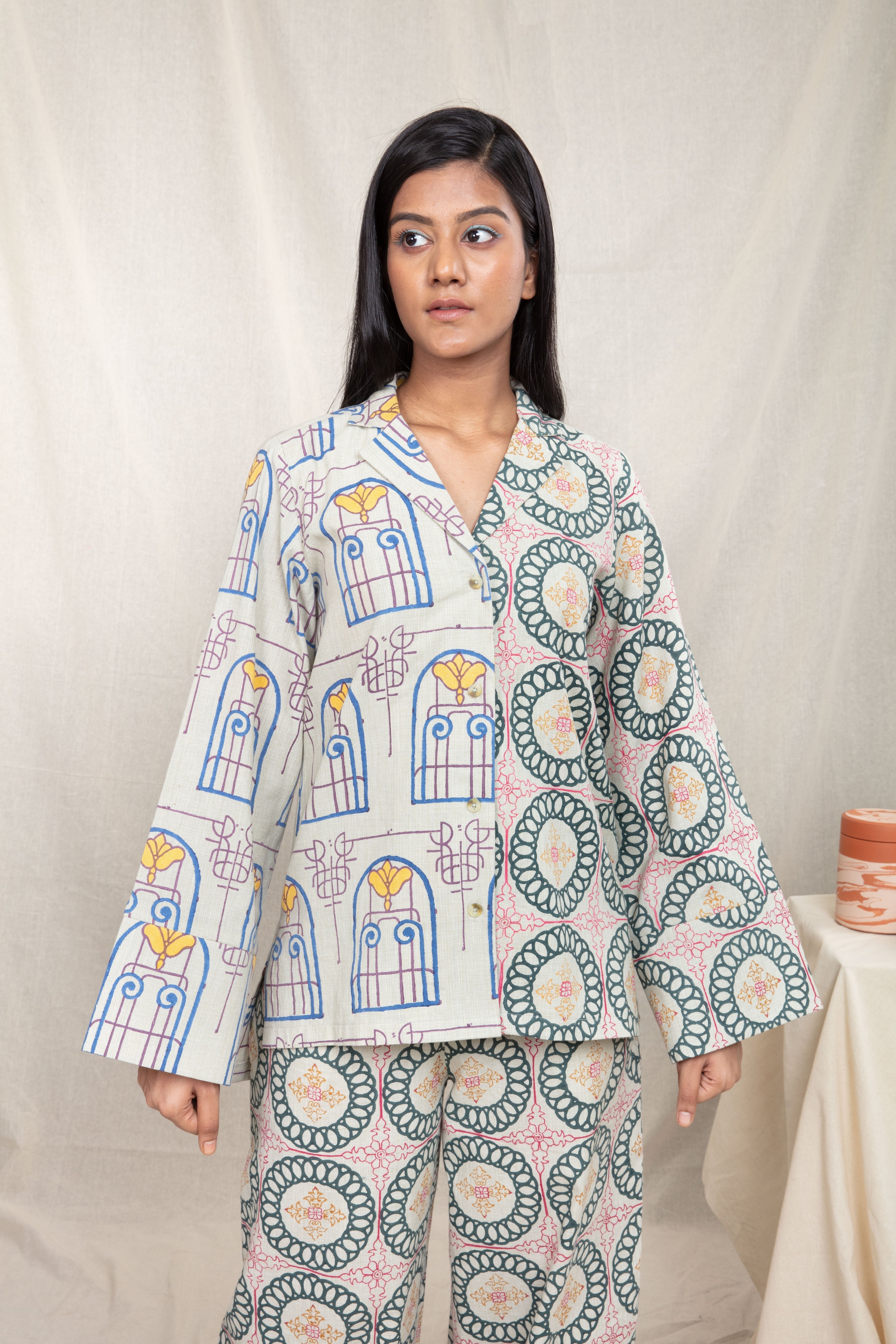 Multicolor Print Shirt at Kamakhyaa by Anushé Pirani. This item is Block Prints, Handwoven Cotton, Lounge Wear, Multicolor, Natural, Prints, Recurring Dream Collection, Regular Fit, Shirts, Tops, Womenswear