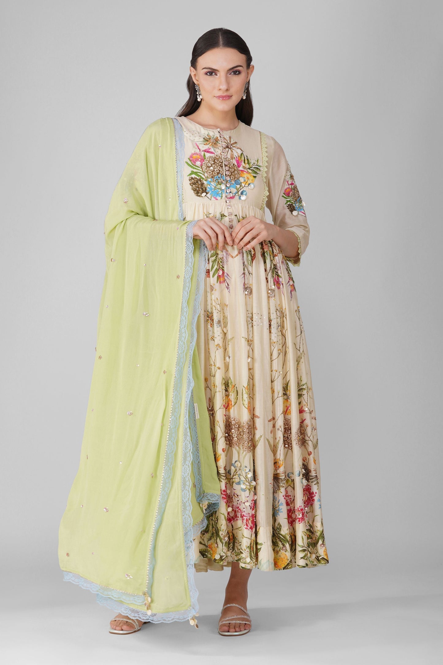 Multicolor Printed Anarkali Set at Kamakhyaa by Devyani Mehrotra. This item is Beige, Embellished, Indian Wear, Multicolor, Natural, Party Wear, Regular Fit, Silk, Viscose, Womenswear