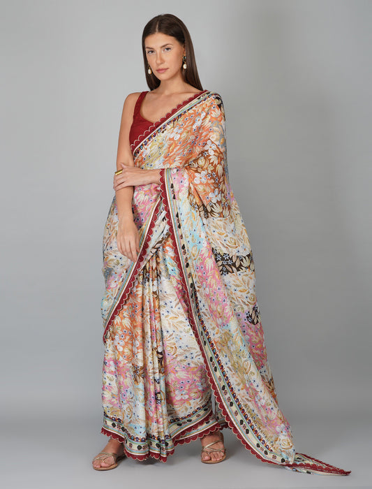 Multicolor Printed Chanderi Saree Blouse Set at Kamakhyaa by Devyani Mehrotra. This item is Chanderi Silk, Festive Wear, Georgette, Multicolor, Natural, Pre Spring 2023, Prints, Regular Fit, Sarees Sets, Viscose, Womenswear