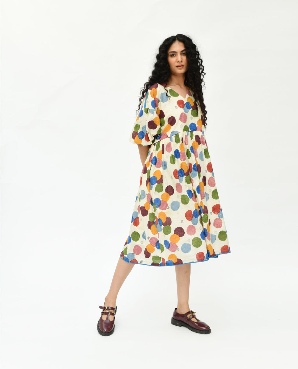 Multicolor Printed Midi Dress at Kamakhyaa by Rias Jaipur. This item is 100% Organic Cotton, Best Selling, Casual Wear, Handblock Printed, Handspun, Handwoven, Midi Dresses, Off-White, Polka Dots, Prints, Relaxed Fit, Void, Void Polka, Womenswear