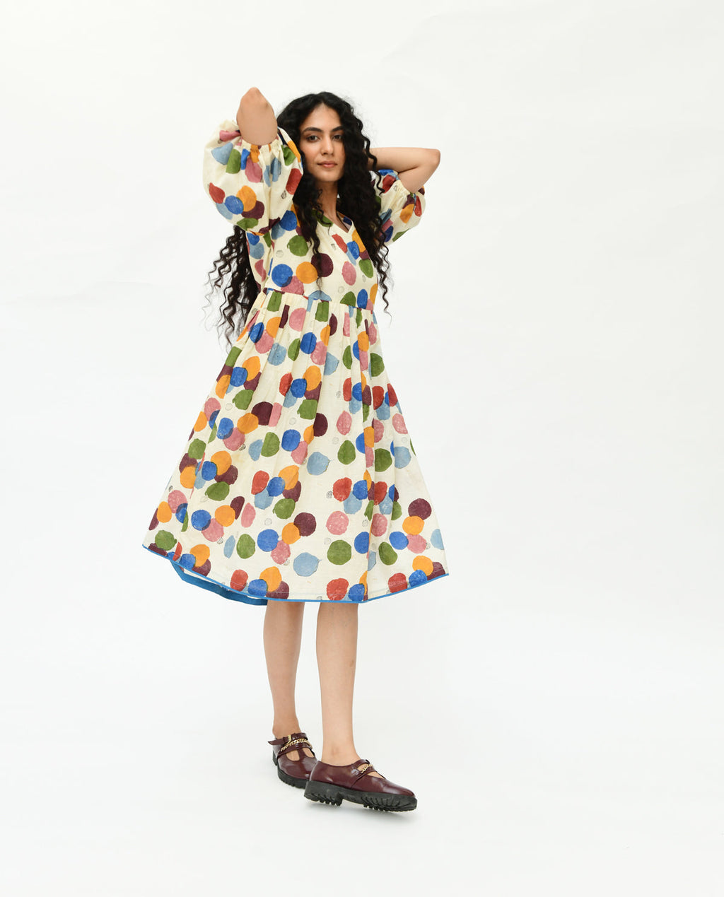 Multicolor Printed Midi Dress at Kamakhyaa by Rias Jaipur. This item is 100% Organic Cotton, Best Selling, Casual Wear, Handblock Printed, Handspun, Handwoven, Midi Dresses, Off-White, Polka Dots, Prints, Relaxed Fit, Void, Void Polka, Womenswear