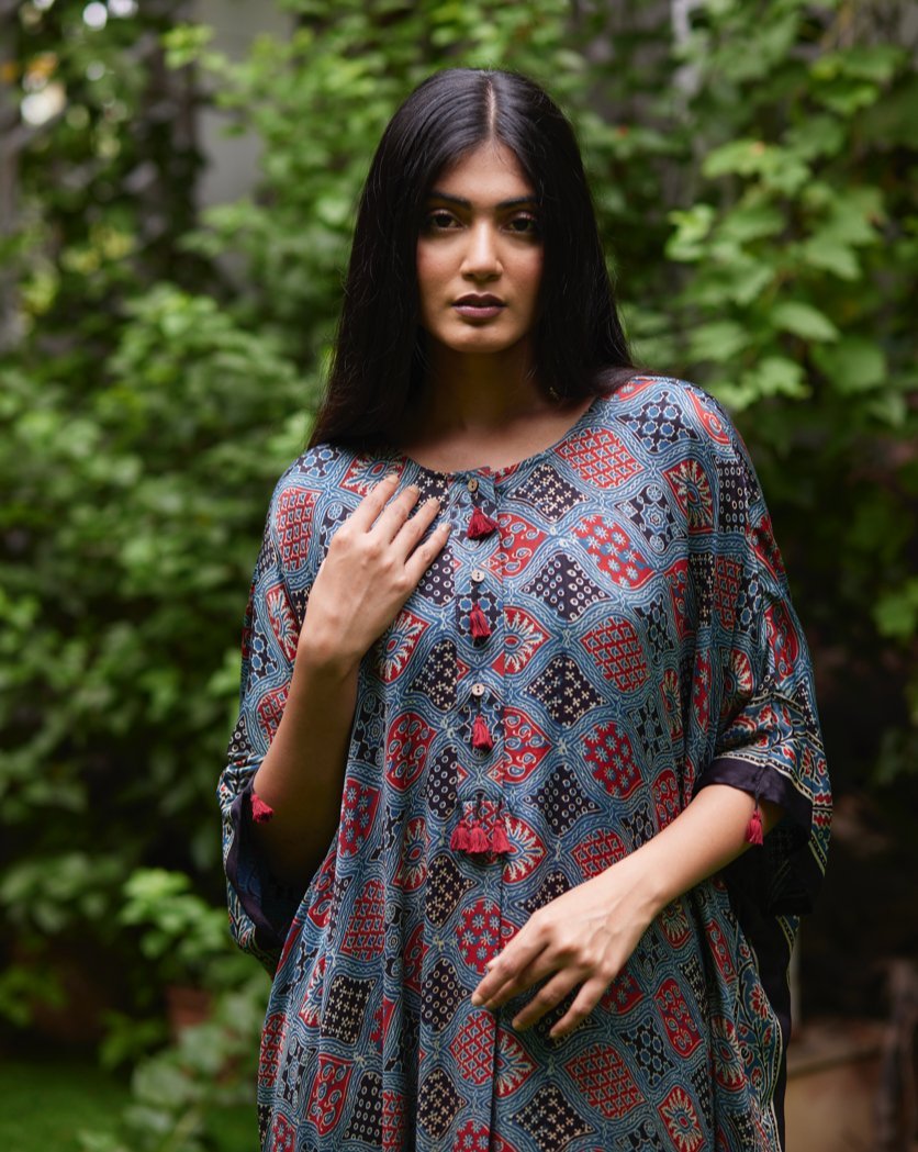 Multicolor Printed Silk Kaftan at Kamakhyaa by Mayura Kumar. This item is Ajrakh Heritage, Casual Wear, Dresses, Festive Wear, Kaftans, Mayura Kumar, Modal Silk, Multicolor, Prints, Relaxed Fit, Womenswear