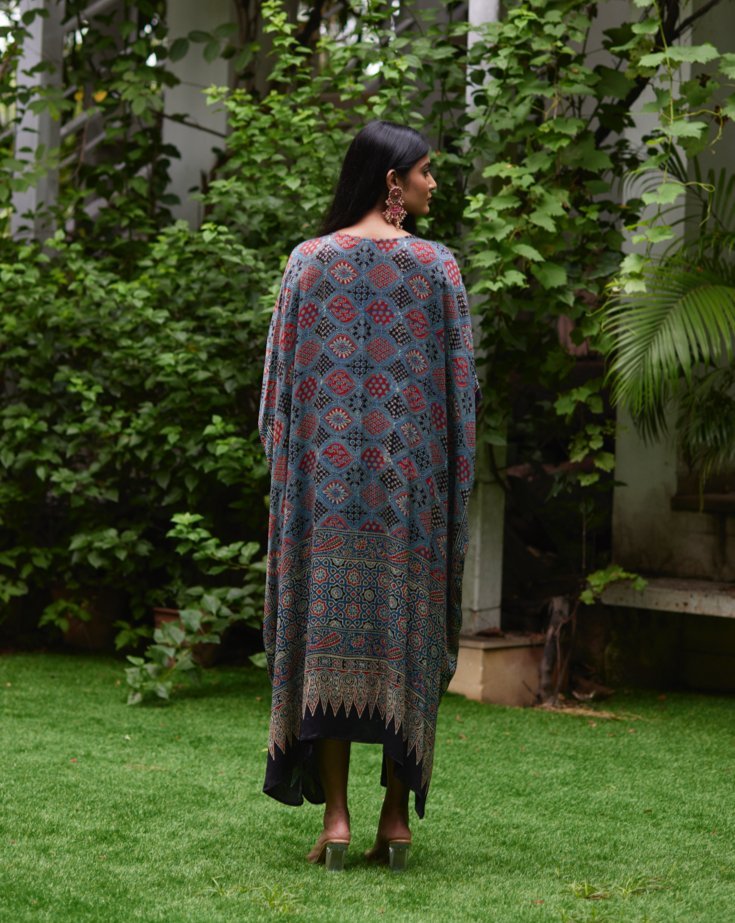 Multicolor Printed Silk Kaftan at Kamakhyaa by Mayura Kumar. This item is Ajrakh Heritage, Casual Wear, Dresses, Festive Wear, Kaftans, Mayura Kumar, Modal Silk, Multicolor, Prints, Relaxed Fit, Womenswear
