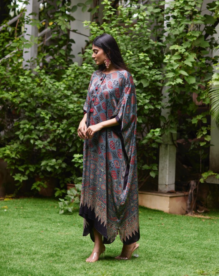 Multicolor Printed Silk Kaftan at Kamakhyaa by Mayura Kumar. This item is Ajrakh Heritage, Casual Wear, Dresses, Festive Wear, Kaftans, Mayura Kumar, Modal Silk, Multicolor, Prints, Relaxed Fit, Womenswear