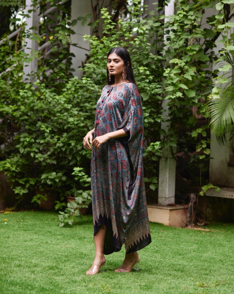 Multicolor Printed Silk Kaftan at Kamakhyaa by Mayura Kumar. This item is Ajrakh Heritage, Casual Wear, Dresses, Festive Wear, Kaftans, Mayura Kumar, Modal Silk, Multicolor, Prints, Relaxed Fit, Womenswear