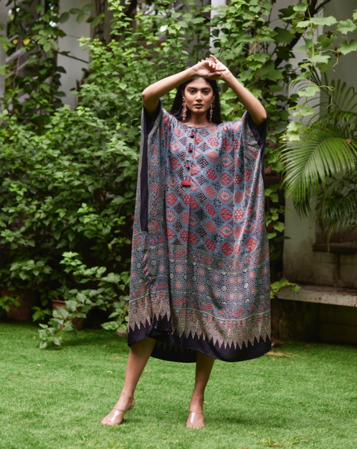 Multicolor Printed Silk Kaftan at Kamakhyaa by Mayura Kumar. This item is Ajrakh Heritage, Casual Wear, Dresses, Festive Wear, Kaftans, Mayura Kumar, Modal Silk, Multicolor, Prints, Relaxed Fit, Womenswear