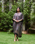 Multicolor Printed Silk Kaftan at Kamakhyaa by Mayura Kumar. This item is Ajrakh Heritage, Casual Wear, Dresses, Festive Wear, Kaftans, Mayura Kumar, Modal Silk, Multicolor, Prints, Relaxed Fit, Womenswear