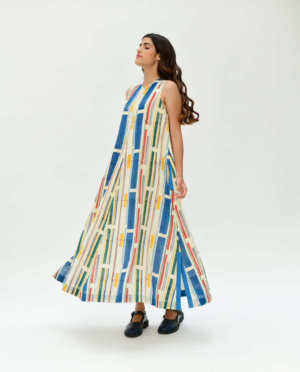 Multicolor Printed Stripes Maxi Dress at Kamakhyaa by Rias Jaipur. This item is 100% Organic Cotton, Casual Wear, Handblock Printed, Handspun, Handwoven, Maxi Dresses, Off-White, Relaxed Fit, Sleeveless Dresses, Stellar Print, Stripes, Void, Womenswear