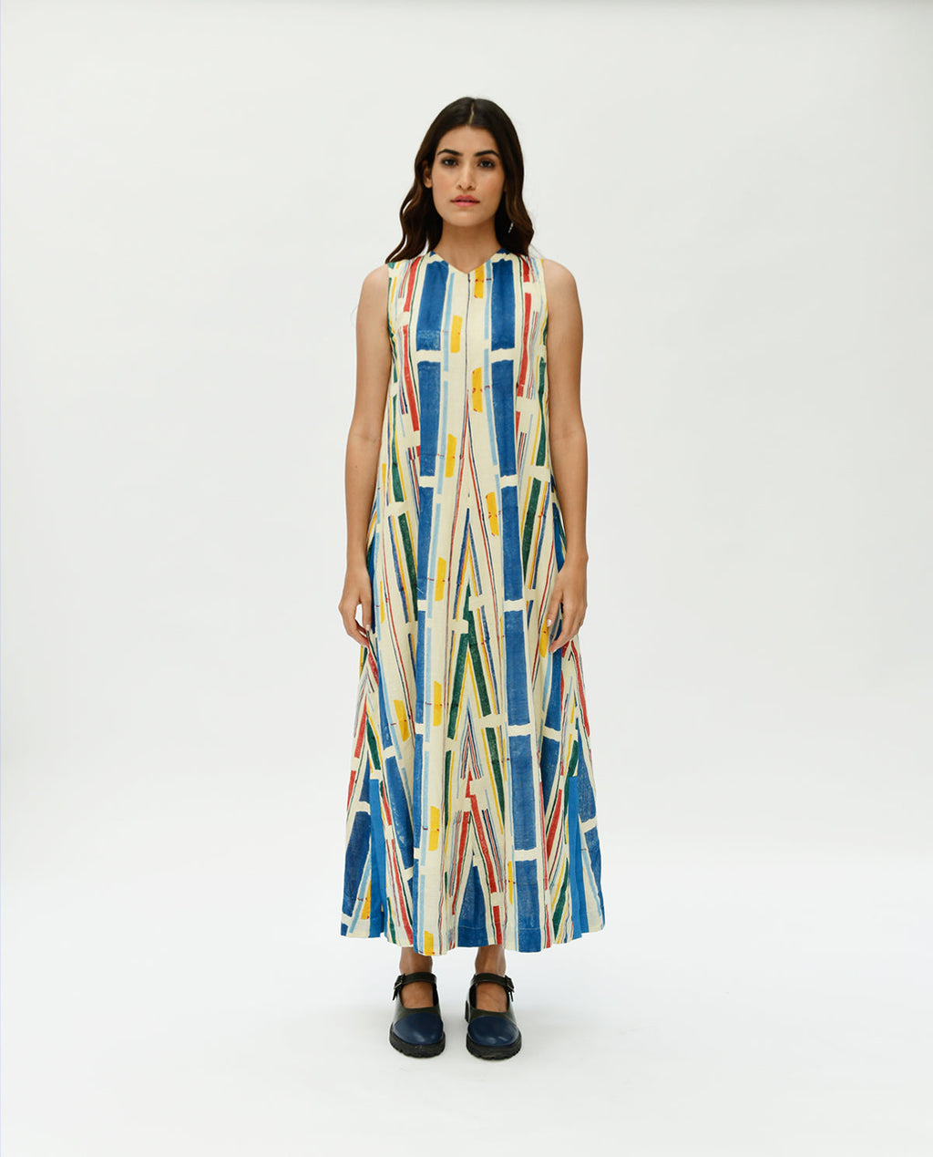 Multicolor Printed Stripes Maxi Dress at Kamakhyaa by Rias Jaipur. This item is 100% Organic Cotton, Casual Wear, Handblock Printed, Handspun, Handwoven, Maxi Dresses, Off-White, Relaxed Fit, Sleeveless Dresses, Stellar Print, Stripes, Void, Womenswear