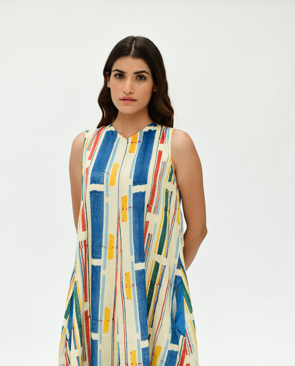 Multicolor Printed Stripes Maxi Dress at Kamakhyaa by Rias Jaipur. This item is 100% Organic Cotton, Casual Wear, Handblock Printed, Handspun, Handwoven, Maxi Dresses, Off-White, Relaxed Fit, Sleeveless Dresses, Stellar Print, Stripes, Void, Womenswear