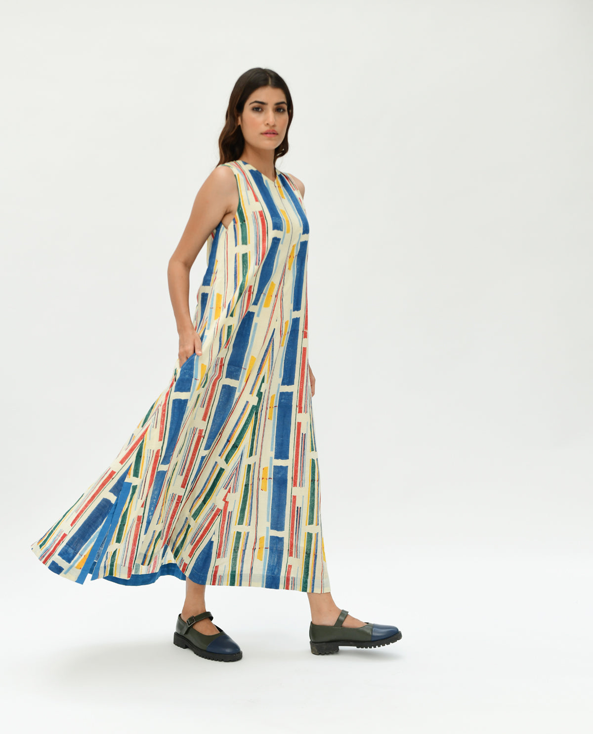 Multicolor Printed Stripes Maxi Dress at Kamakhyaa by Rias Jaipur. This item is 100% Organic Cotton, Casual Wear, Handblock Printed, Handspun, Handwoven, Maxi Dresses, Off-White, Relaxed Fit, Sleeveless Dresses, Stellar Print, Stripes, Void, Womenswear