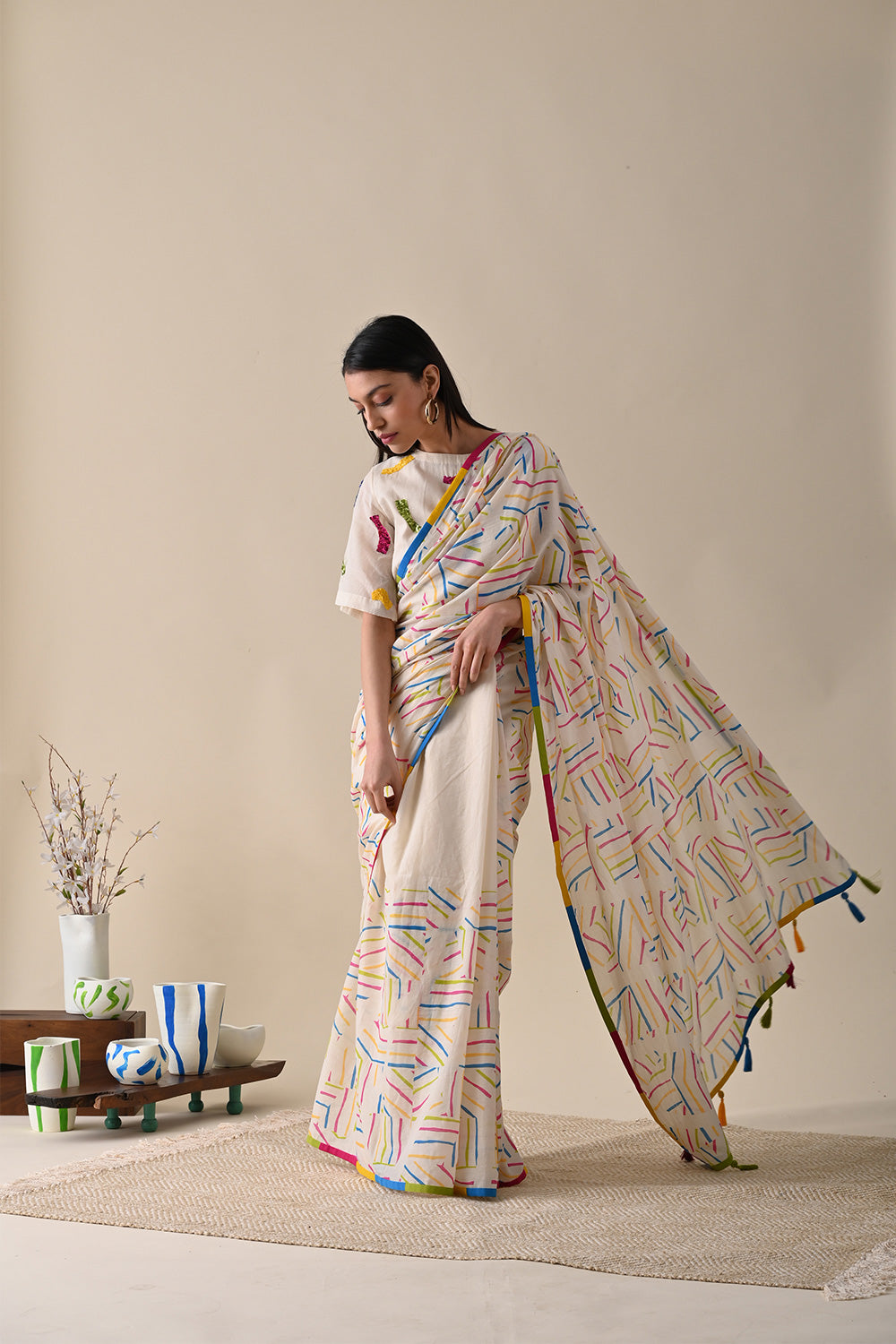 Multicolor Saree at Kamakhyaa by Kanelle. This item is Festive Wear, Indian Wear, July Sale, Life in Colours, Mulmul, Multicolor, Natural with azo dyes, Prints, Regular Fit, Sarees, Womenswear