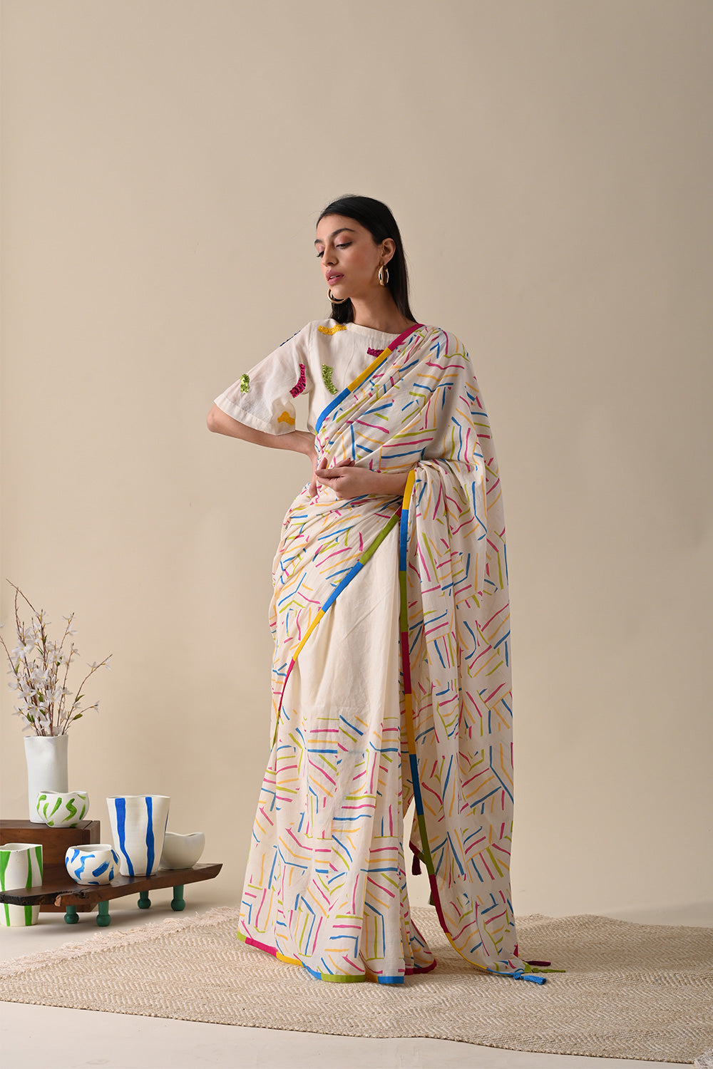 Multicolor Saree at Kamakhyaa by Kanelle. This item is Festive Wear, Indian Wear, July Sale, Life in Colours, Mulmul, Multicolor, Natural with azo dyes, Prints, Regular Fit, Sarees, Womenswear