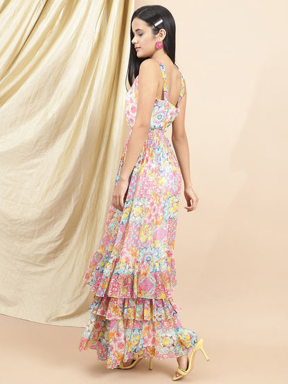 Multicolor Satin Floral Printed Maxi Dress at Kamakhyaa by Ewoke. This item is Beach Wear, Bemberg satin, Ewoke, Maxi Dresses, Multicolor, Natural, Prints, Relaxed Fit, White, Womenswear