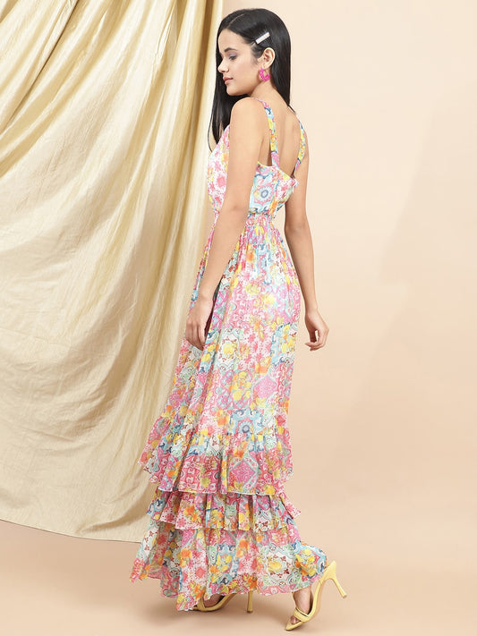 Multicolor Satin Floral Printed Maxi Dress at Kamakhyaa by Ewoke. This item is Beach Wear, Bemberg satin, Ewoke, Maxi Dresses, Multicolor, Natural, Prints, Relaxed Fit, White, Womenswear