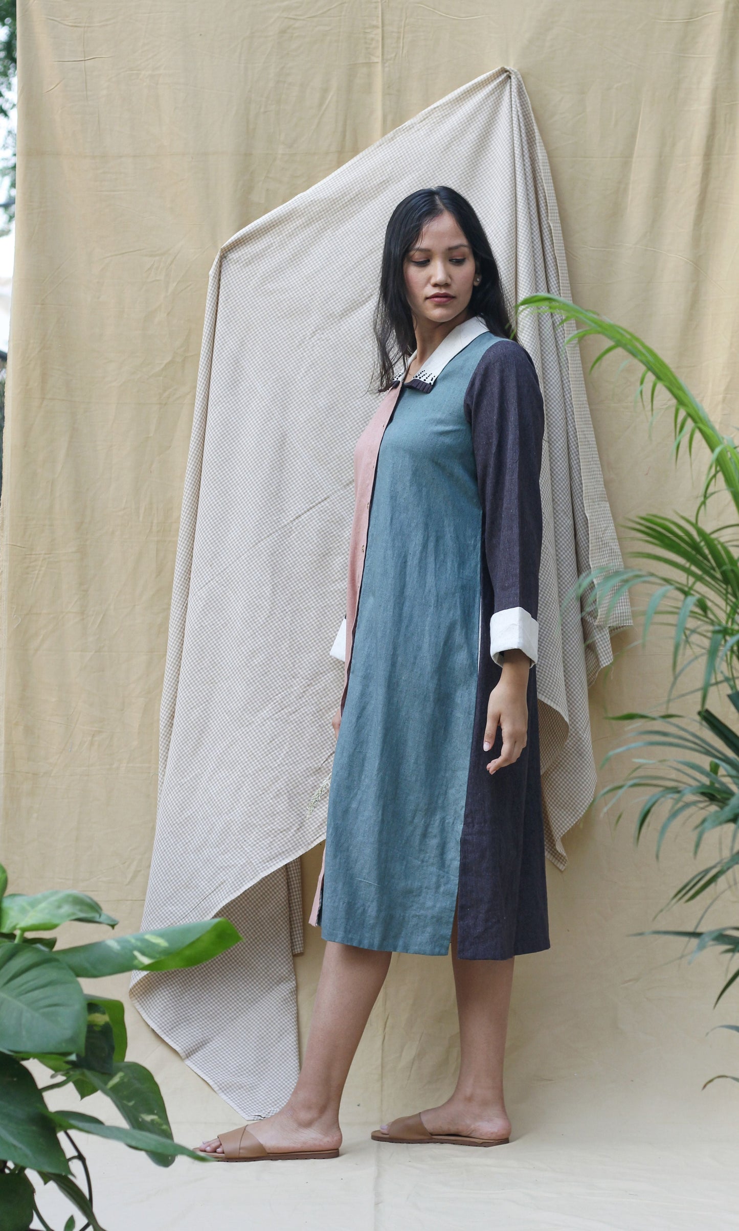 Multicolor Shirt Dress at Kamakhyaa by Chambray & Co.. This item is Casual Wear, Green, Hand Spun Cotton, Natural, Ombre & Dyes, Pink, Regular Fit, Render, Shirt Dresses, Shirts, Solid Selfmade, Womenswear
