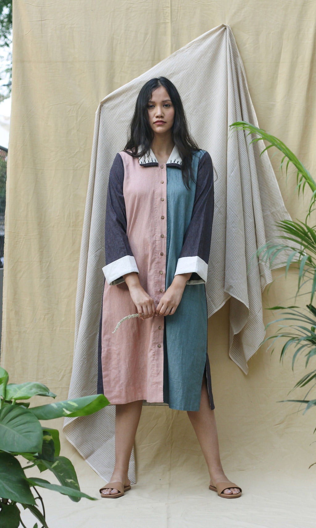 Multicolor Shirt Dress at Kamakhyaa by Chambray & Co.. This item is Casual Wear, Green, Hand Spun Cotton, Natural, Ombre & Dyes, Pink, Regular Fit, Render, Shirt Dresses, Shirts, Solid Selfmade, Womenswear