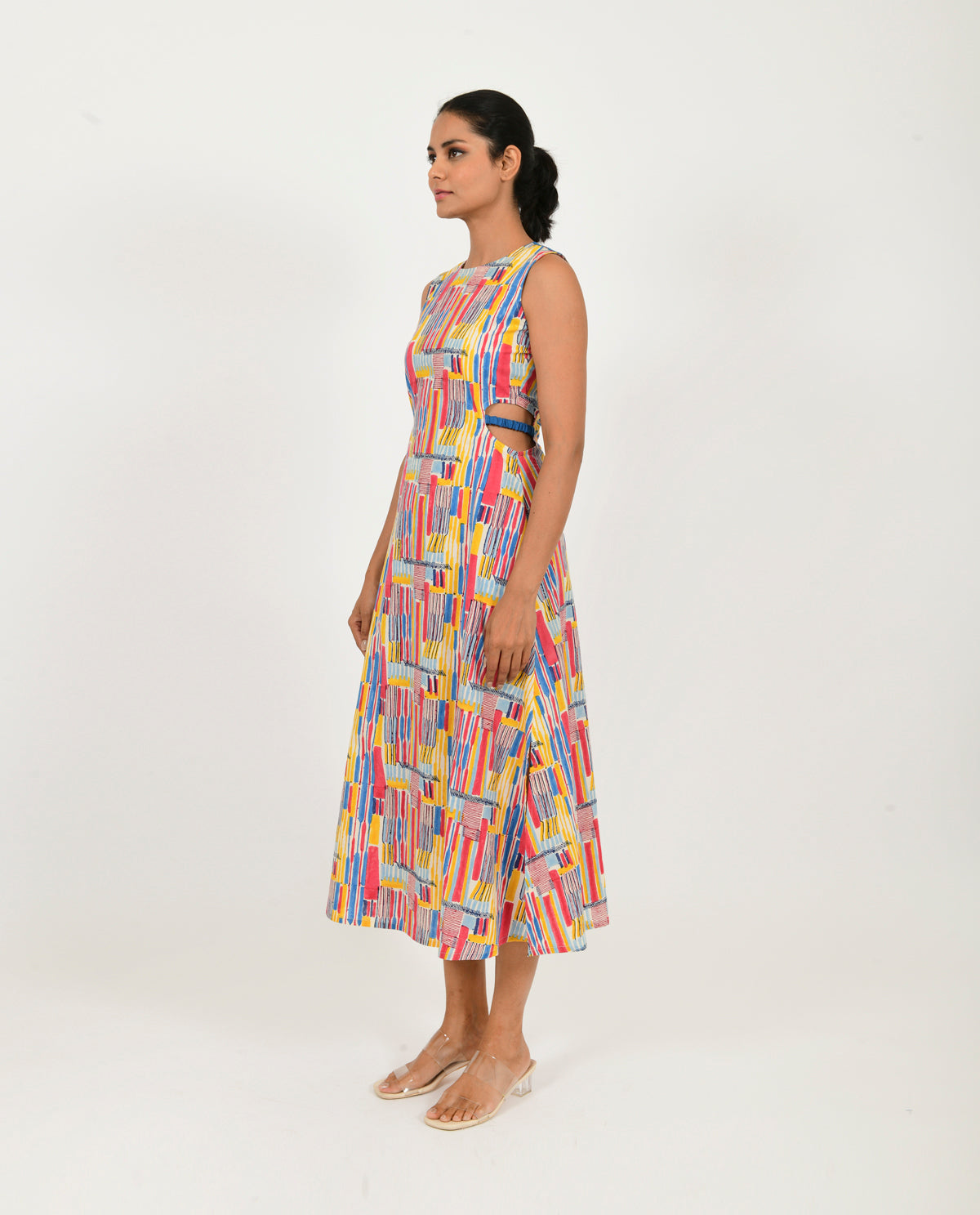 Multicolor Side Cut Dress at Kamakhyaa by Rias Jaipur. This item is Block Prints, Casual Wear, Linen Blend, Midi Dresses, Multicolor, Natural, Regular Fit, Scribble Prints, Sleeveless Dresses, Womenswear, Yaadein