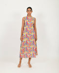 Multicolor Side Cut Dress at Kamakhyaa by Rias Jaipur. This item is Block Prints, Casual Wear, Linen Blend, Midi Dresses, Multicolor, Natural, Regular Fit, Scribble Prints, Sleeveless Dresses, Womenswear, Yaadein