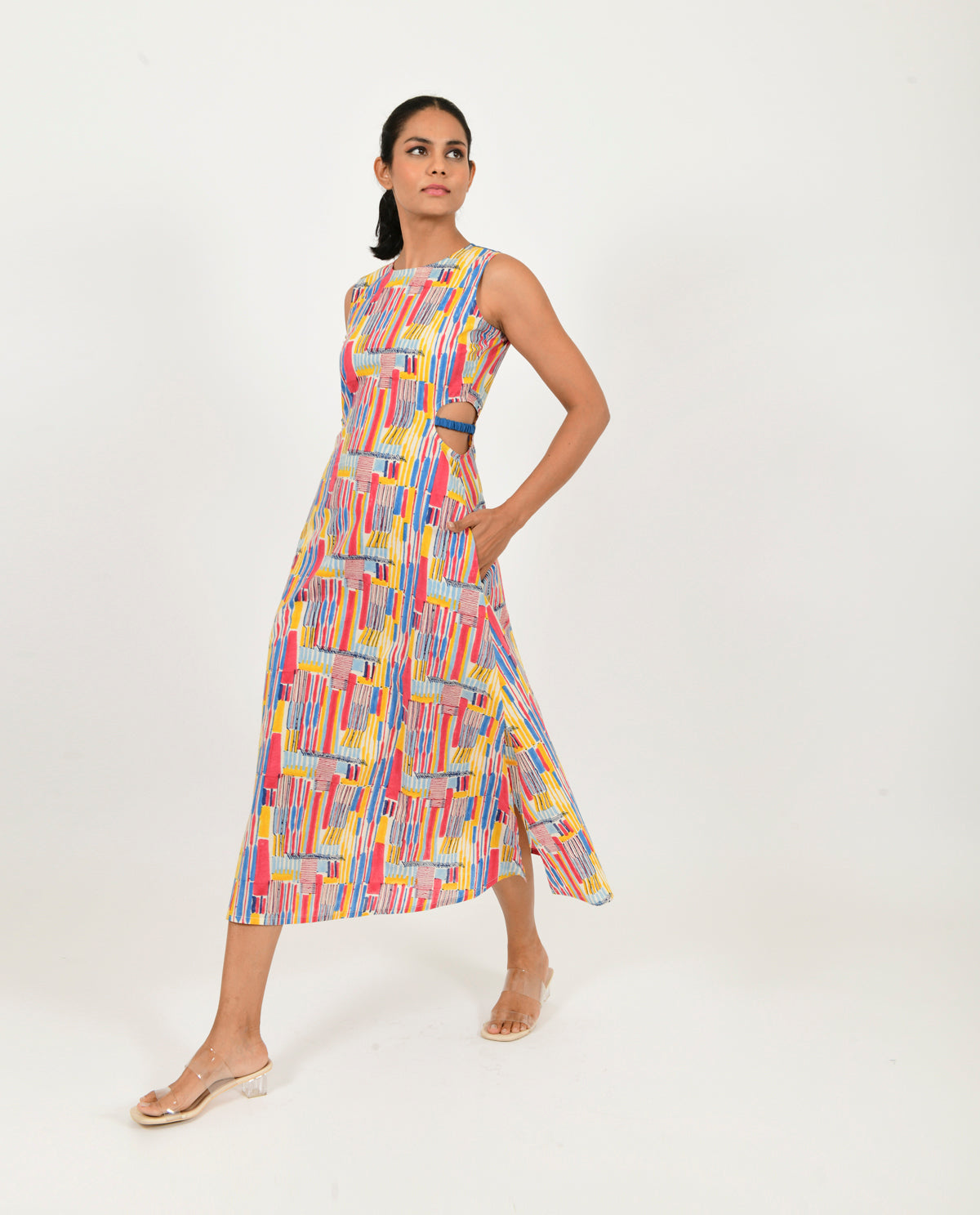 Multicolor Side Cut Dress at Kamakhyaa by Rias Jaipur. This item is Block Prints, Casual Wear, Linen Blend, Midi Dresses, Multicolor, Natural, Regular Fit, Scribble Prints, Sleeveless Dresses, Womenswear, Yaadein