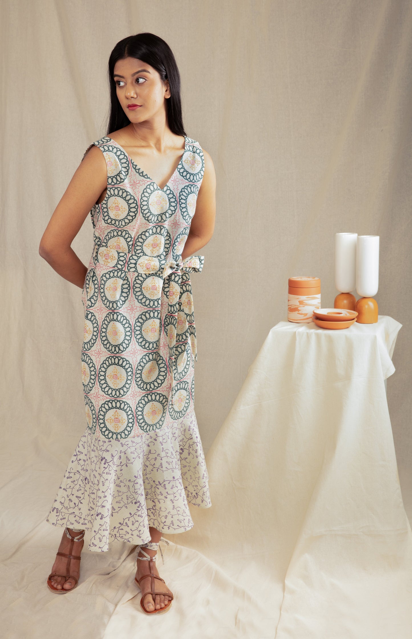 Multicolor Sleeveless Maxi Dress at Kamakhyaa by Anushé Pirani. This item is Block Prints, Casual Wear, Handwoven Cotton, Lounge Wear, Maxi Dresses, Multicolor, Natural, Prints, Recurring Dream Collection, Regular Fit, Sleeveless Dresses, Womenswear