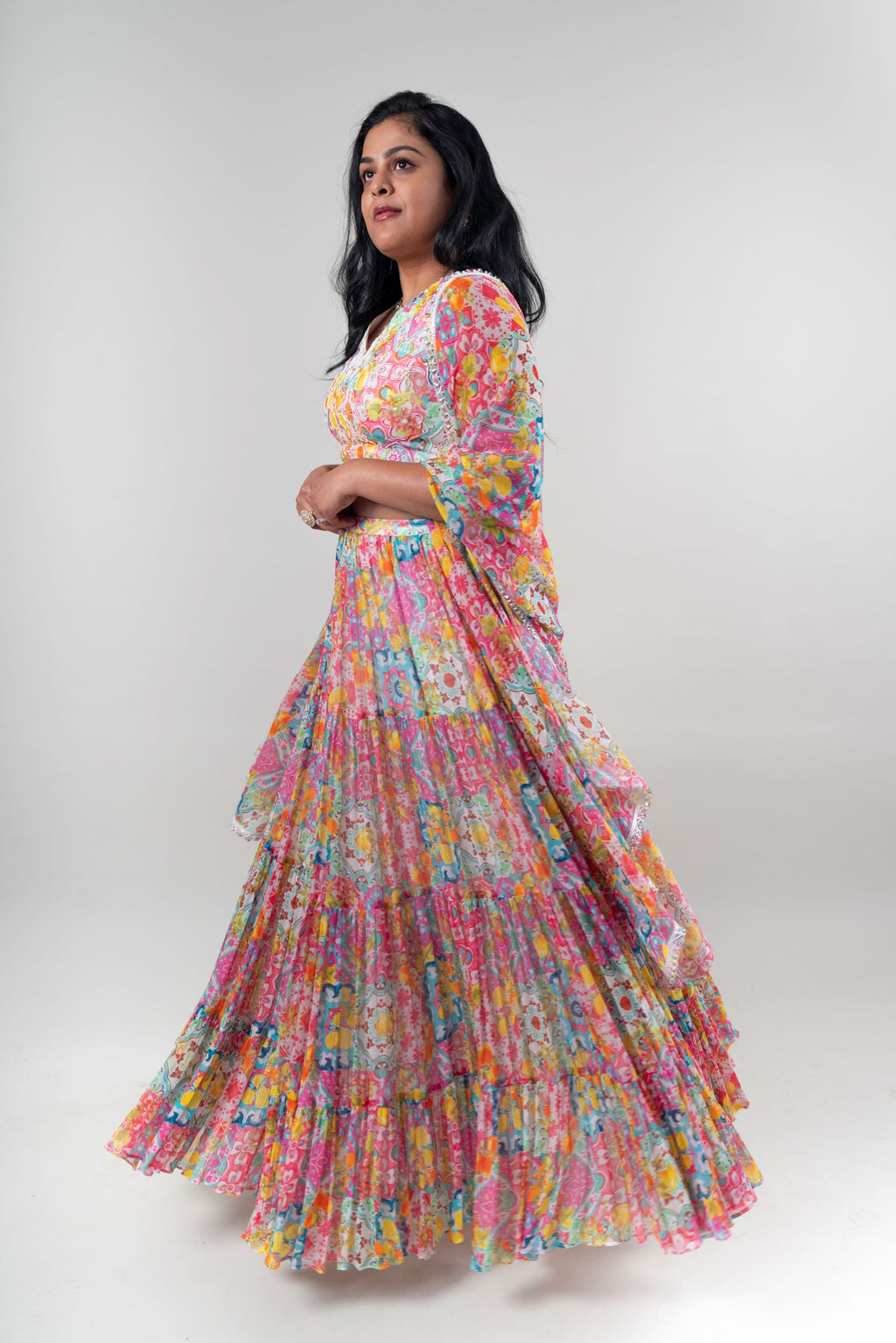 Multicolor Sleeveless Printed Lehenga at Kamakhyaa by Ewoke. This item is Bemberg Satin, Ewoke, Festive Wear, Lehenga Sets, Multicolor, Natural, Prints, Relaxed Fit, White, Womenswear