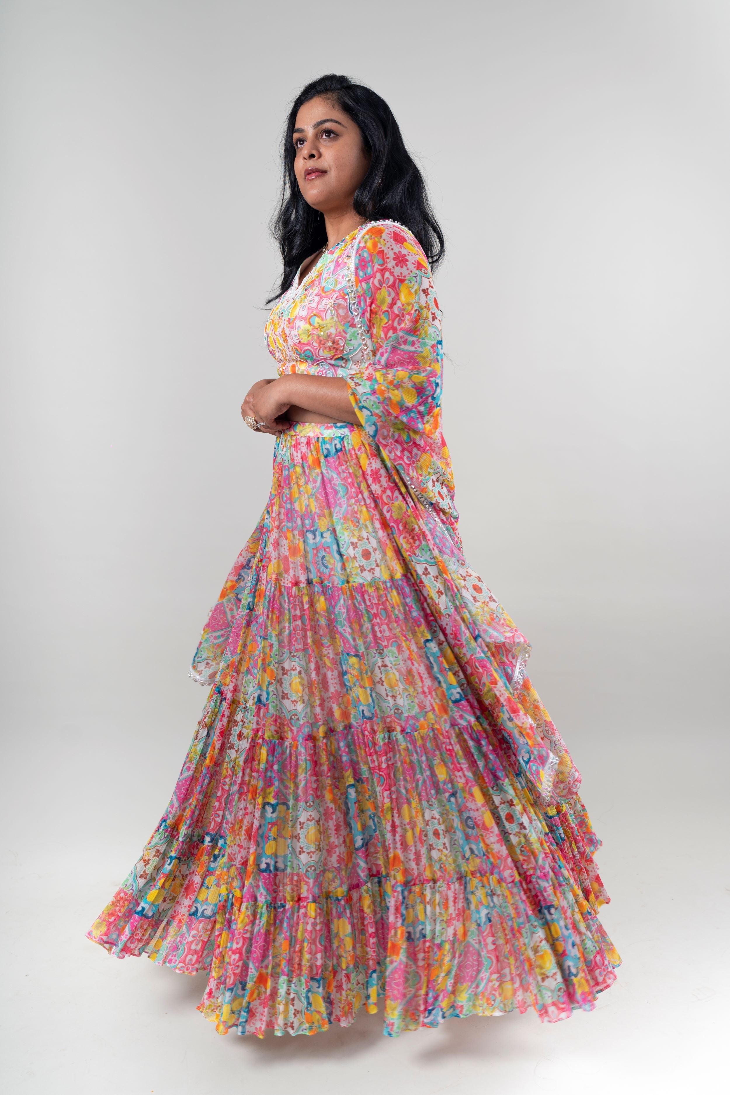 Multicolor Sleeveless Printed Lehenga at Kamakhyaa by Ewoke. This item is Bemberg Satin, Ewoke, Festive Wear, Lehenga Sets, Multicolor, Natural, Prints, Relaxed Fit, White, Womenswear