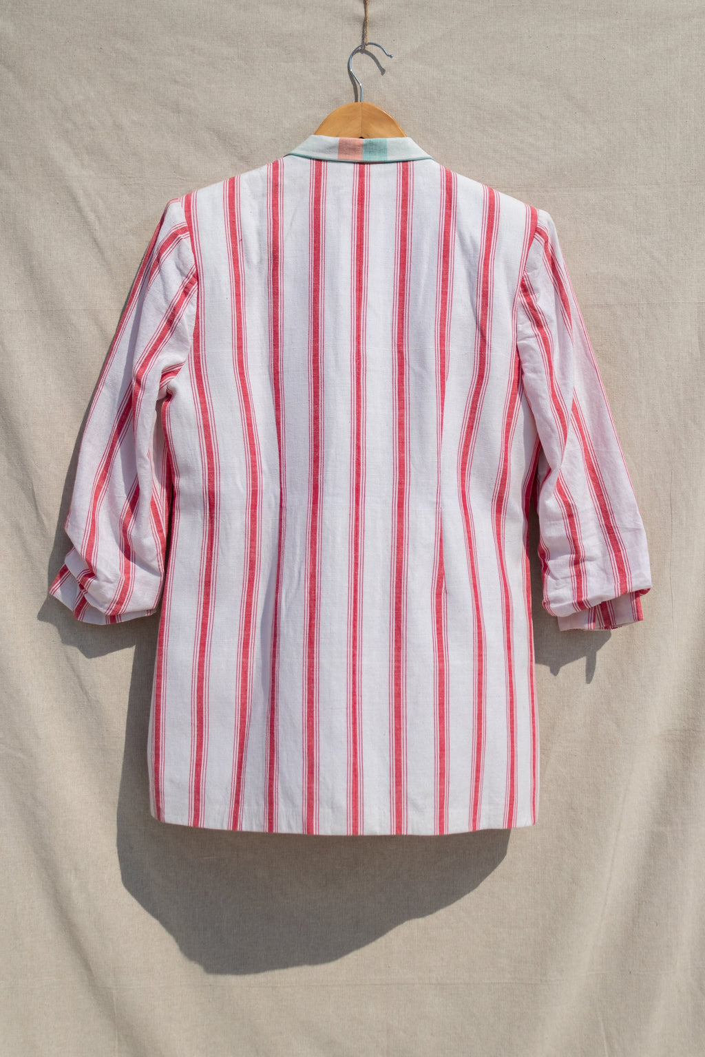 Multicolor Striped Blazer at Kamakhyaa by Anushé Pirani. This item is Blazers, Checks, Handwoven Cotton, July Sale, July Sale 2023, Multicolor, Natural, Of Myriad Minds, Office Wear, Playful Office Wear, Relaxed Fit, sale anushe pirani, Womenswear