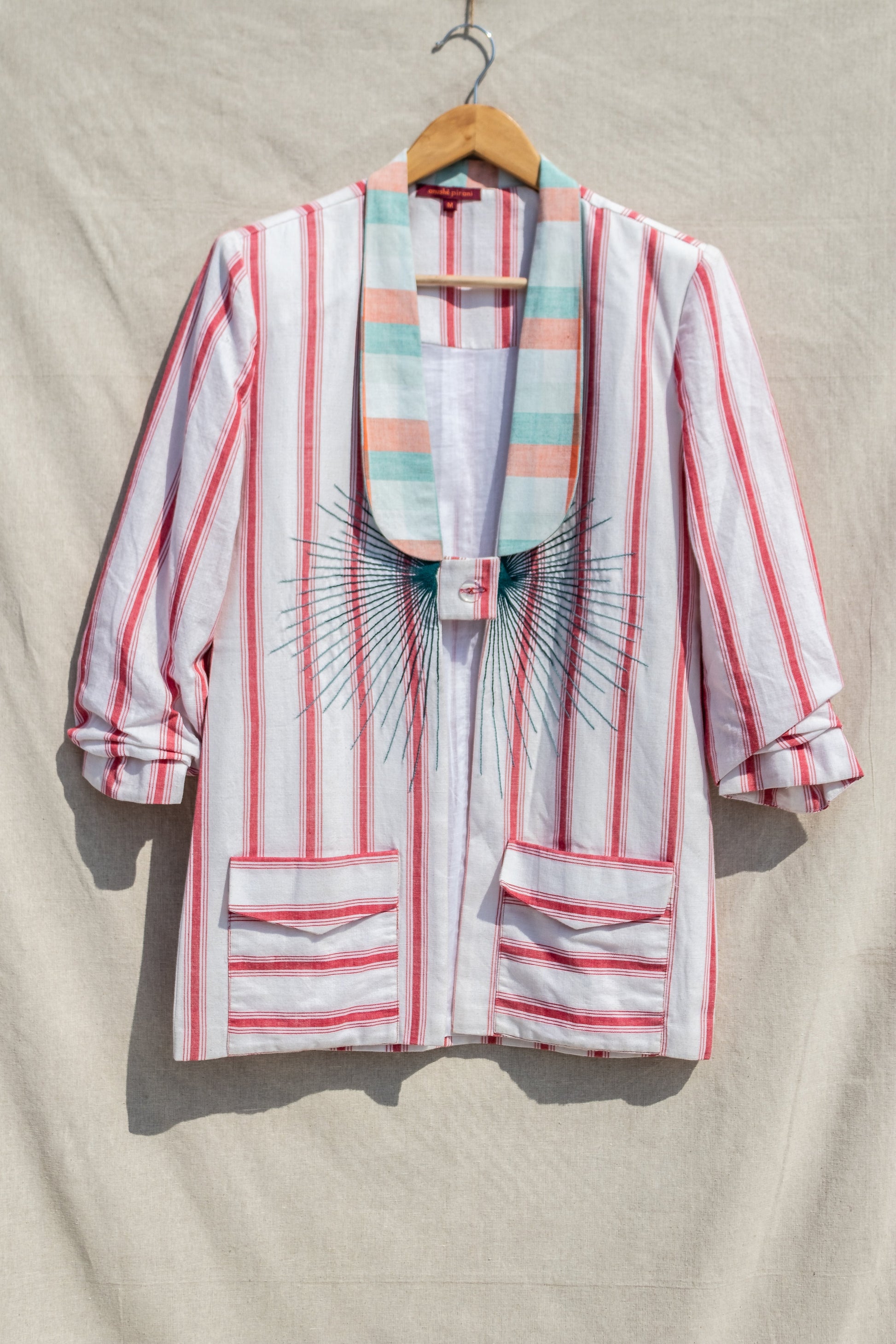 Multicolor Striped Blazer at Kamakhyaa by Anushé Pirani. This item is Blazers, Checks, Handwoven Cotton, July Sale, July Sale 2023, Multicolor, Natural, Of Myriad Minds, Office Wear, Playful Office Wear, Relaxed Fit, sale anushe pirani, Womenswear