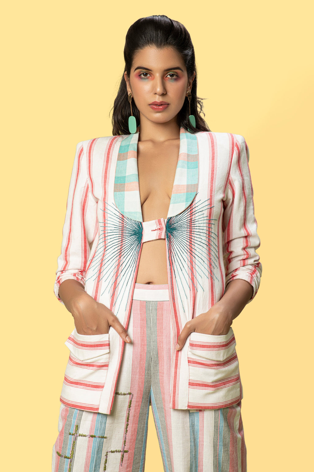 Multicolor Striped Blazer at Kamakhyaa by Anushé Pirani. This item is Blazers, Checks, Handwoven Cotton, July Sale, July Sale 2023, Multicolor, Natural, Of Myriad Minds, Office Wear, Playful Office Wear, Relaxed Fit, sale anushe pirani, Womenswear