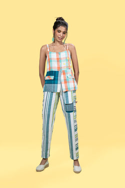 Multicolor Striped Pants at Kamakhyaa by Anushé Pirani. This item is Fitted At Waist, Handwoven Cotton, July Sale, July Sale 2023, Multicolor, Natural, Of Myriad Minds, Office Wear, Playful Office Wear, sale anushe pirani, Stripes, Trousers, Womenswear