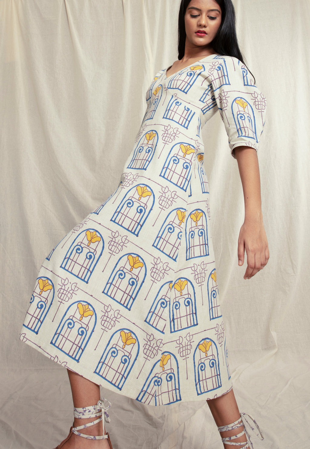 Multicolor Summer Midi Dress at Kamakhyaa by Anushé Pirani. This item is Block Prints, Handwoven Cotton, Lounge Wear, Midi Dresses, Multicolor, Natural, Prints, Recurring Dream Collection, Regular Fit, Womenswear