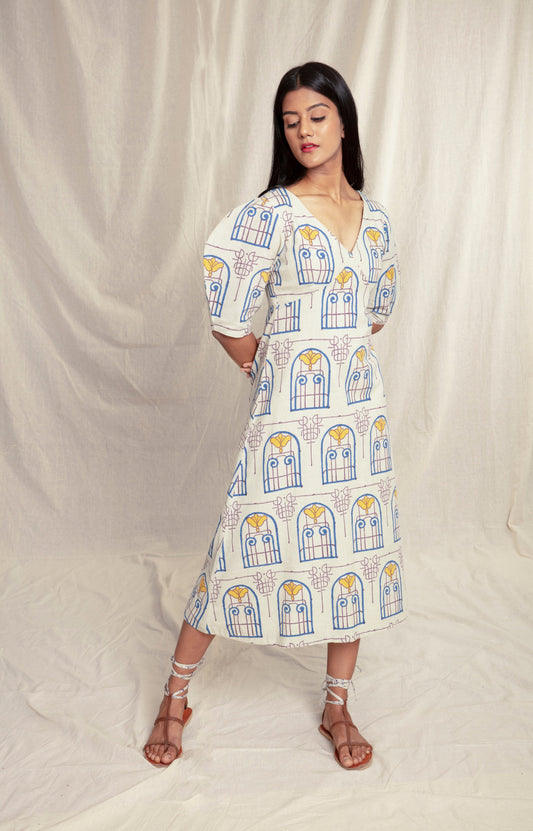 Multicolor Summer Midi Dress at Kamakhyaa by Anushé Pirani. This item is Block Prints, Handwoven Cotton, Lounge Wear, Midi Dresses, Multicolor, Natural, Prints, Recurring Dream Collection, Regular Fit, Womenswear
