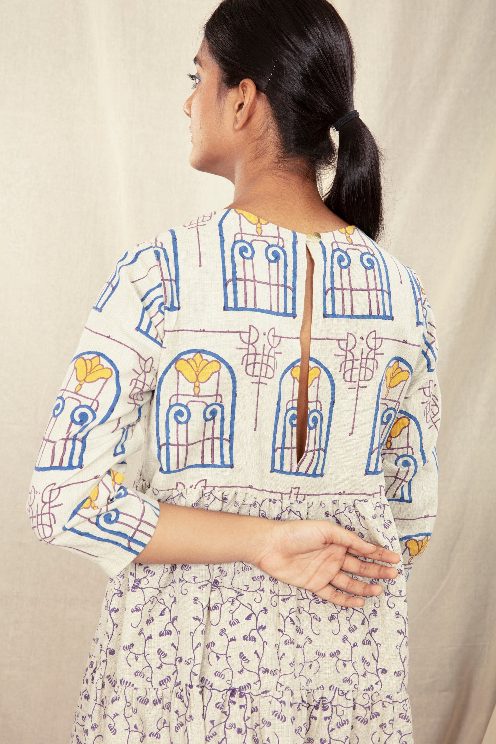 Multicolor Summer Mini Dress at Kamakhyaa by Anushé Pirani. This item is Block Prints, Handwoven Cotton, Lounge Wear, Mini Dresses, Multicolor, Natural, Prints, Recurring Dream Collection, Regular Fit, Short Dresses, Womenswear