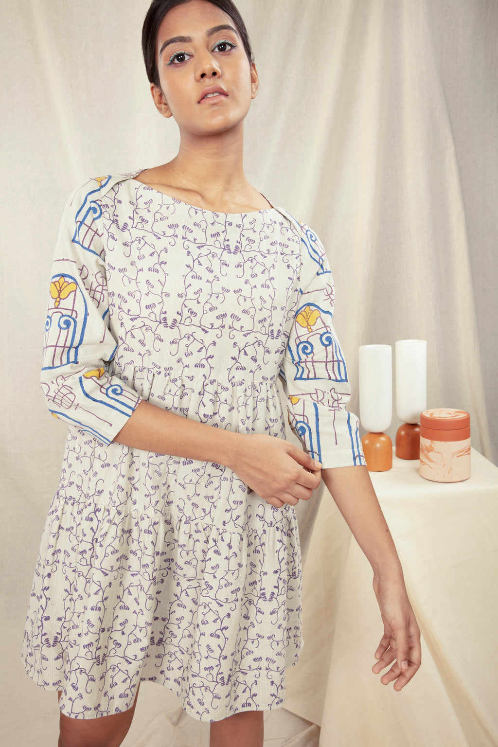 Multicolor Summer Mini Dress at Kamakhyaa by Anushé Pirani. This item is Block Prints, Handwoven Cotton, Lounge Wear, Mini Dresses, Multicolor, Natural, Prints, Recurring Dream Collection, Regular Fit, Short Dresses, Womenswear