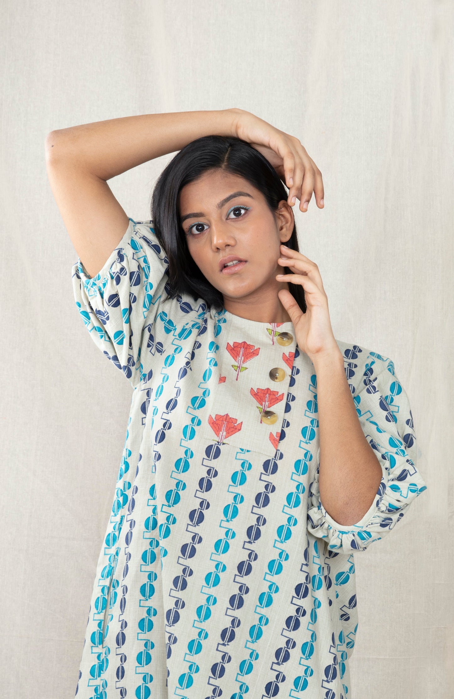 Multicolor Summer Mini dress at Kamakhyaa by Anushé Pirani. This item is Block Prints, Handwoven Cotton, Lounge Wear, Mini Dresses, Multicolor, Natural, Prints, Recurring Dream Collection, Regular Fit, Short Dresses, Womenswear