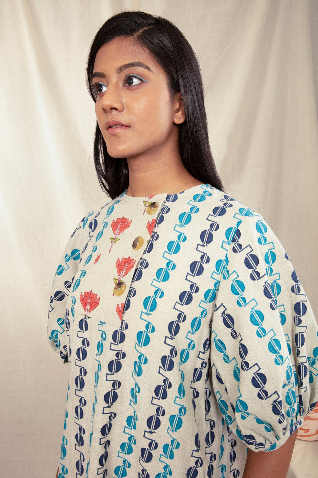 Multicolor Summer Mini dress at Kamakhyaa by Anushé Pirani. This item is Block Prints, Handwoven Cotton, Lounge Wear, Mini Dresses, Multicolor, Natural, Prints, Recurring Dream Collection, Regular Fit, Short Dresses, Womenswear
