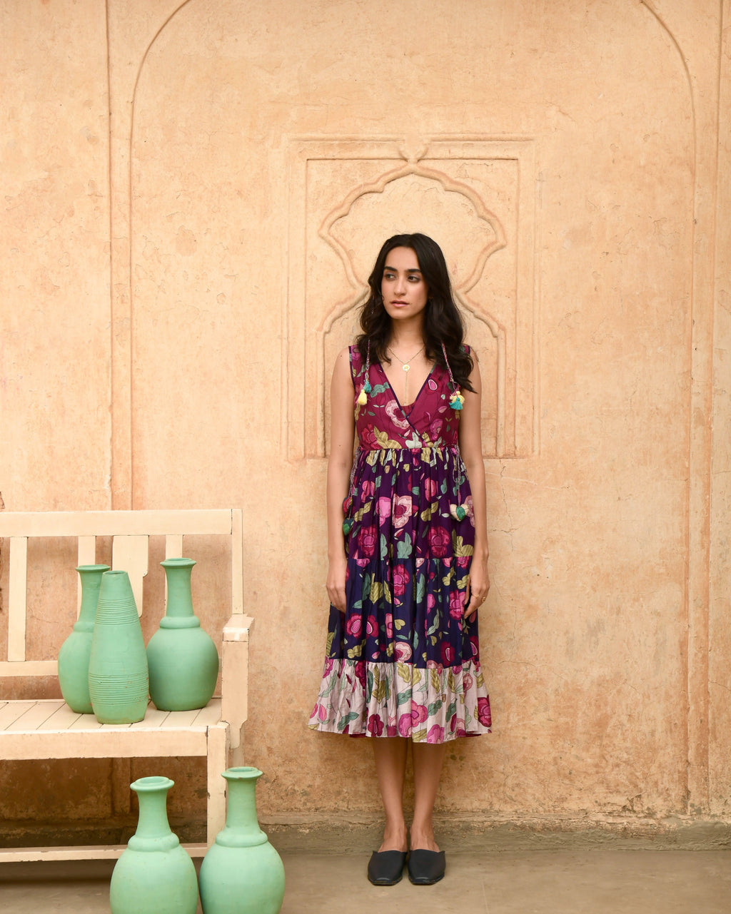 Multicolor Tiered Dress at Kamakhyaa by Taro. This item is Azo Free Dyes, Best Selling, Casual Wear, Chanderi Silk, FB ADS JUNE, Garden Of Dreams, July Sale, July Sale 2023, Midi Dresses, Multicolor, Prints, Regular Fit, Sleeveless Dresses, Tiered Dresses, Womenswear