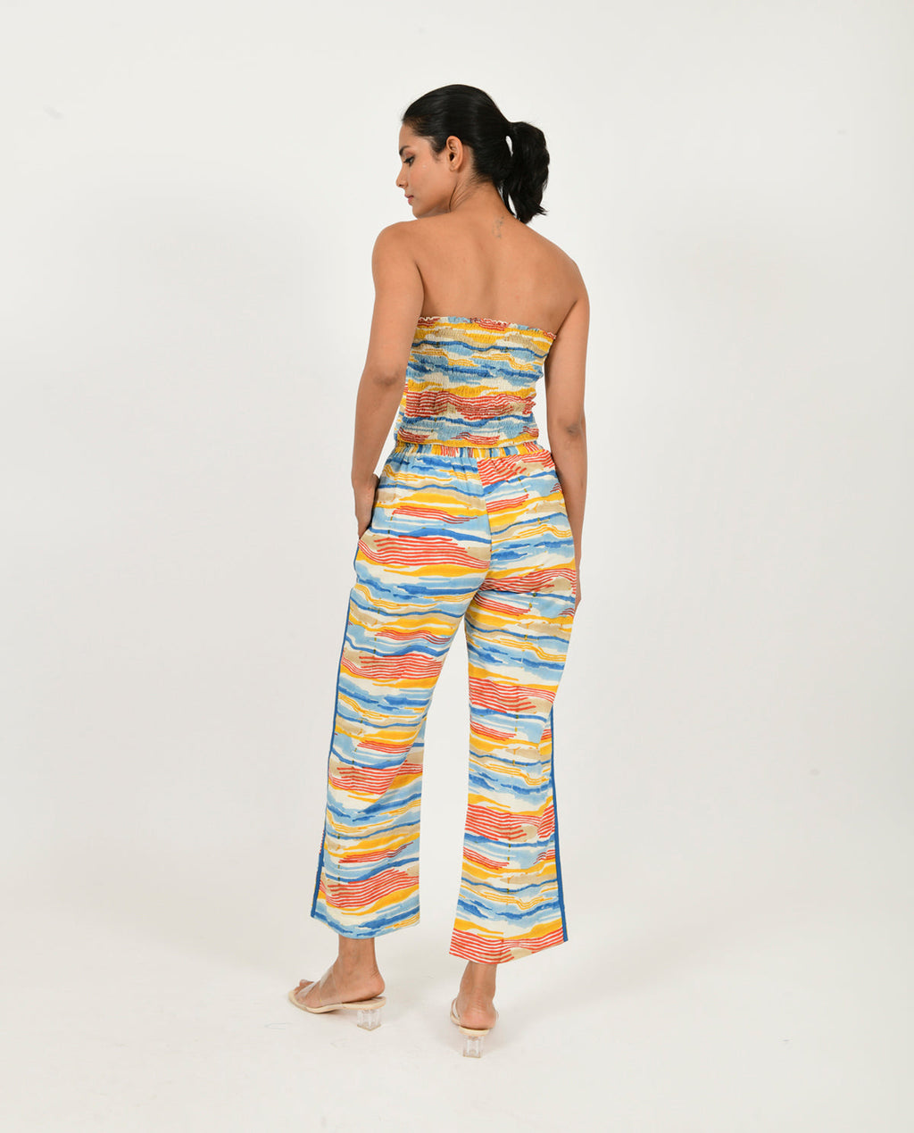 Multicolor Tube Top/Pant Co-ord Set at Kamakhyaa by Rias Jaipur. This item is 100% Organic Cotton, Block Prints, Casual Wear, Co-ord Sets, Multicolor, Natural, Scribble Prints, Slim Fit, Vacation Co-ords, Womenswear, Yaadein