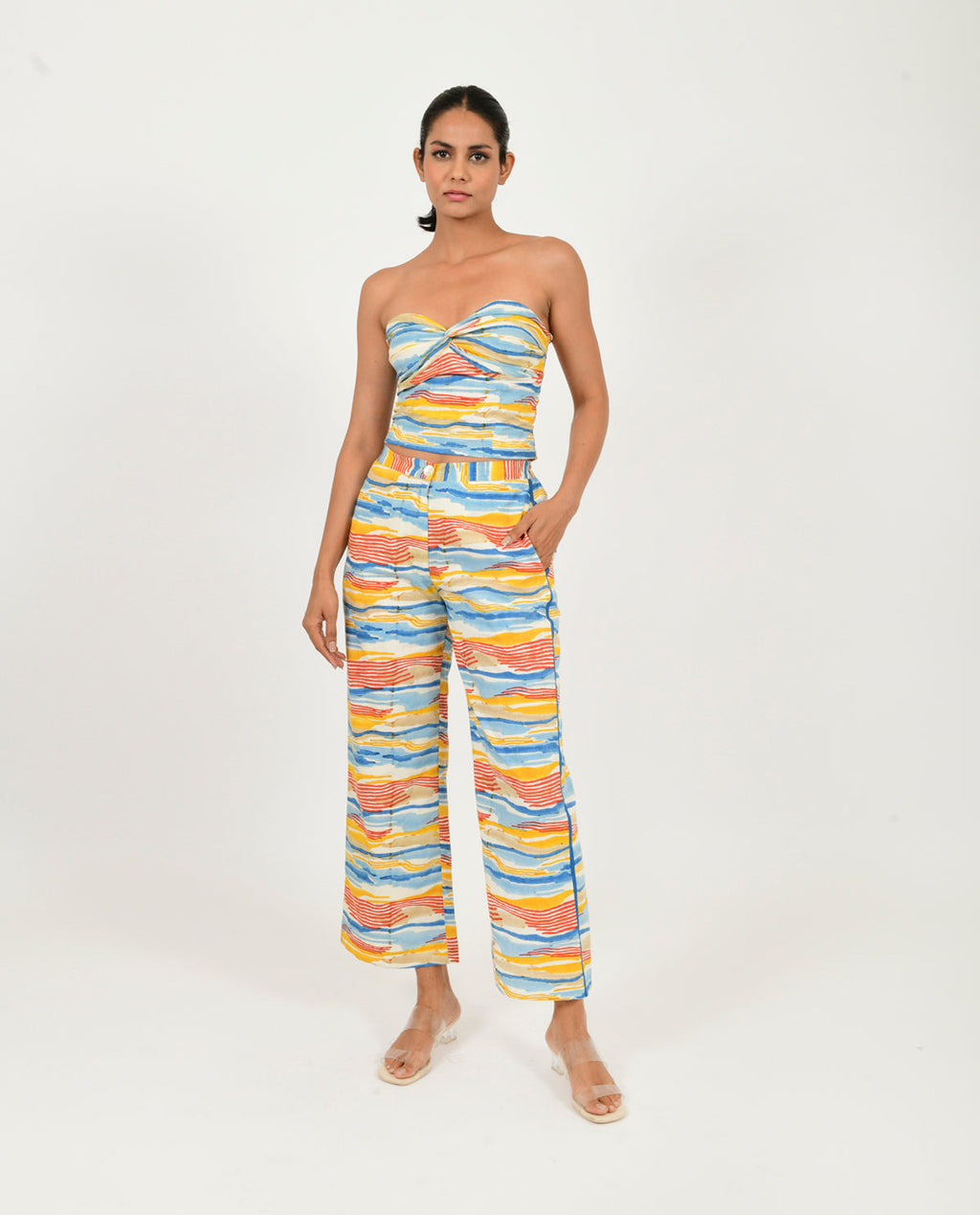 Multicolor Tube Top/Pant Co-ord Set at Kamakhyaa by Rias Jaipur. This item is 100% Organic Cotton, Block Prints, Casual Wear, Co-ord Sets, Multicolor, Natural, Scribble Prints, Slim Fit, Vacation Co-ords, Womenswear, Yaadein