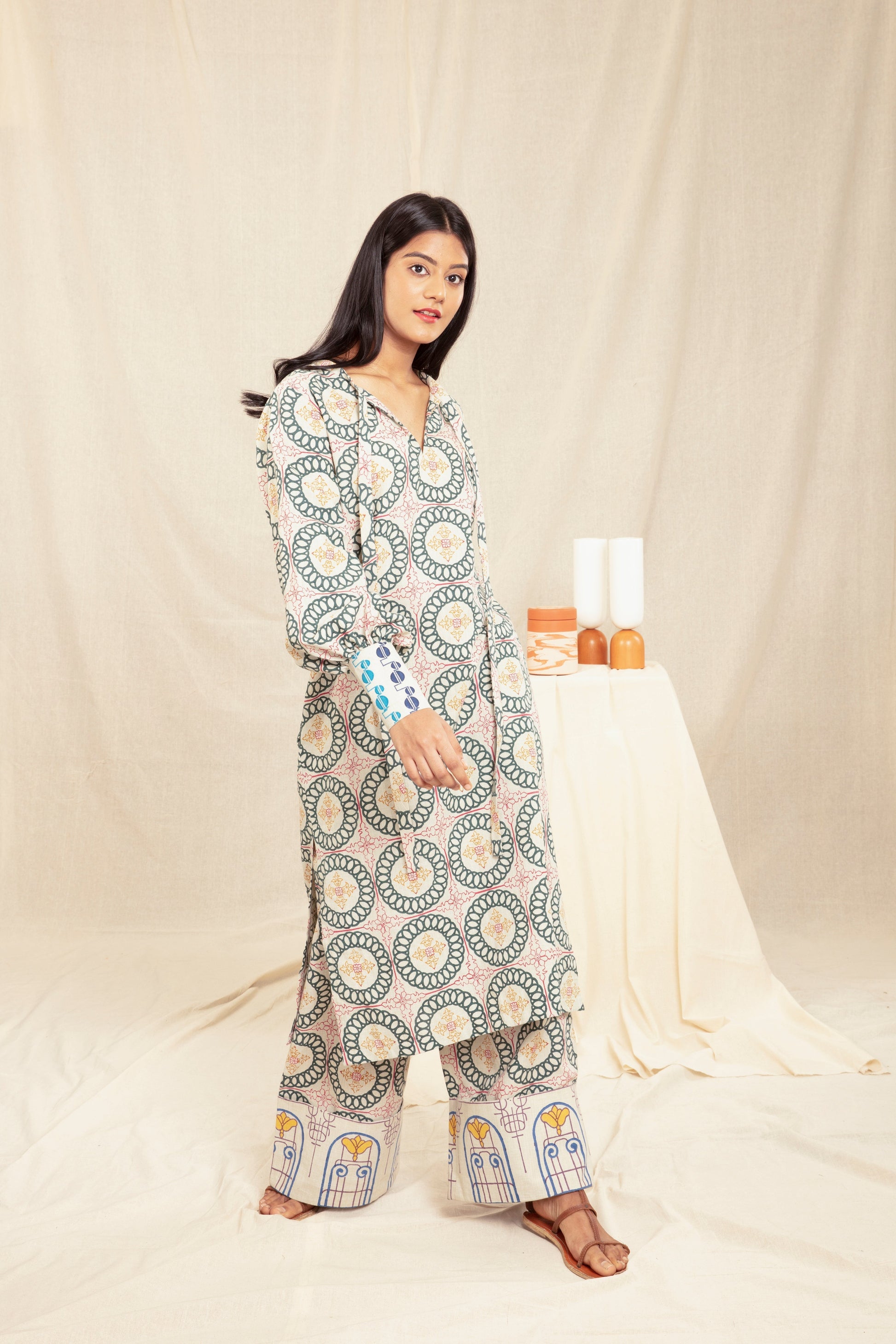 Multicolor Tunic Dress at Kamakhyaa by Anushé Pirani. This item is Block Prints, Handwoven Cotton, Lounge Wear, Midi Dresses, Multicolor, Natural, Prints, Recurring Dream Collection, Regular Fit, Womenswear
