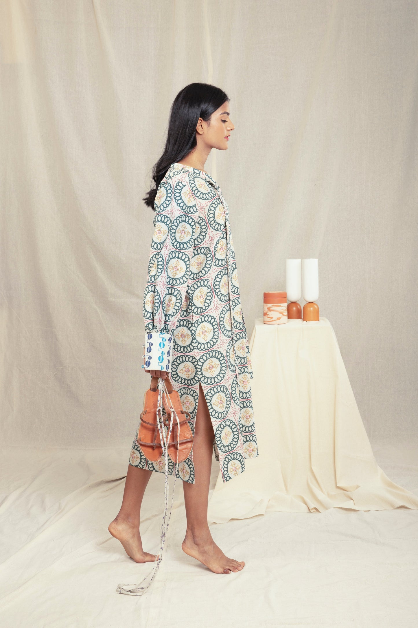 Multicolor Tunic Dress at Kamakhyaa by Anushé Pirani. This item is Block Prints, Handwoven Cotton, Lounge Wear, Midi Dresses, Multicolor, Natural, Prints, Recurring Dream Collection, Regular Fit, Womenswear