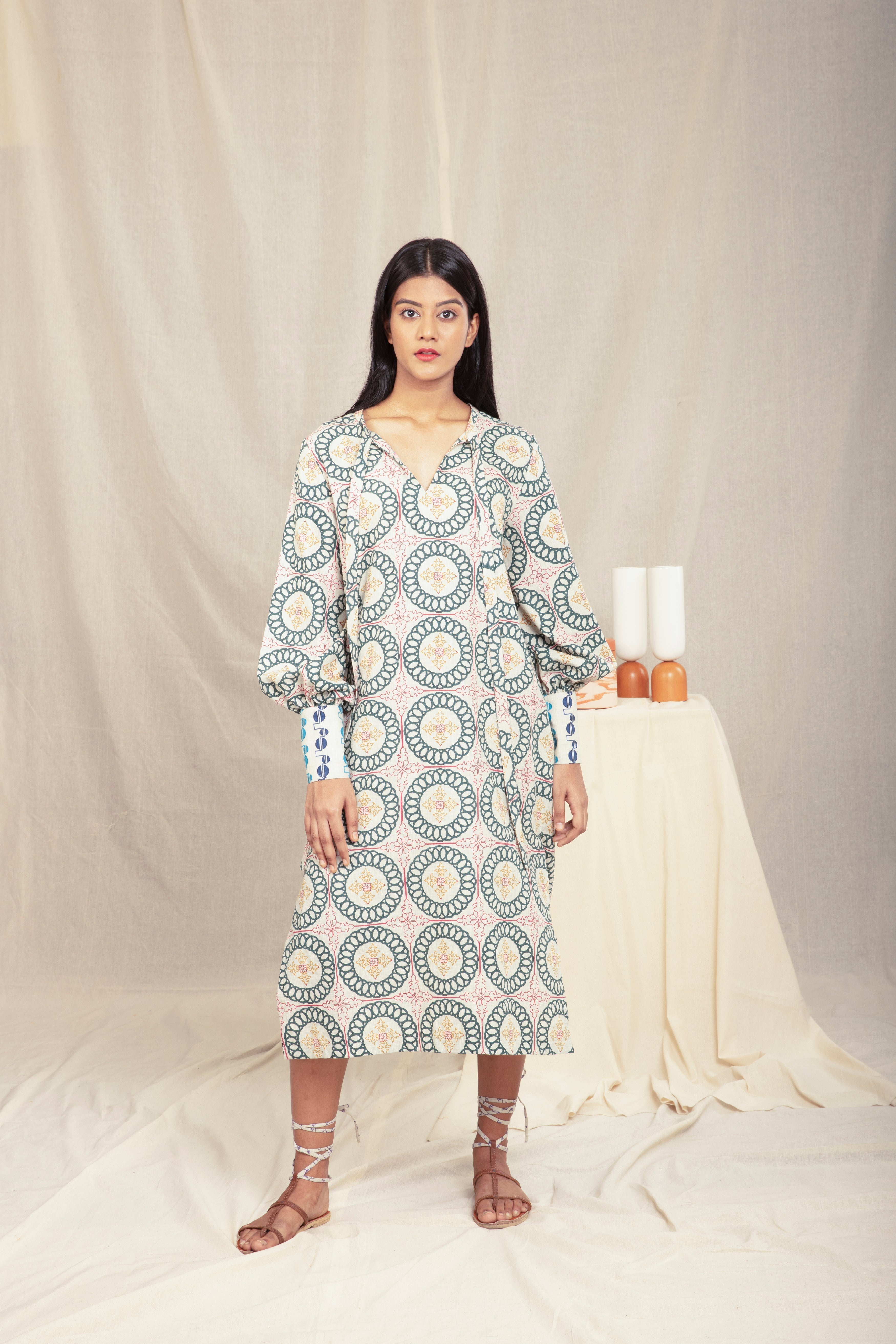 Multicolor Tunic Dress at Kamakhyaa by Anushé Pirani. This item is Block Prints, Handwoven Cotton, Lounge Wear, Midi Dresses, Multicolor, Natural, Prints, Recurring Dream Collection, Regular Fit, Womenswear